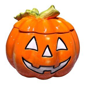 Davids Cookies Pumpkin Cookie Jar With Lid Orange & Green 8.5" Tall 8.5" Wide Ha